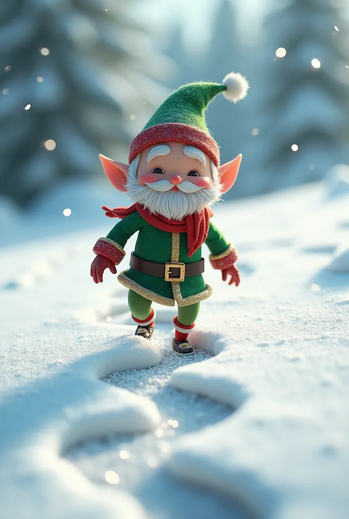 christmas elf walking on santa's footprints in the snow (he must be behind santa claus )