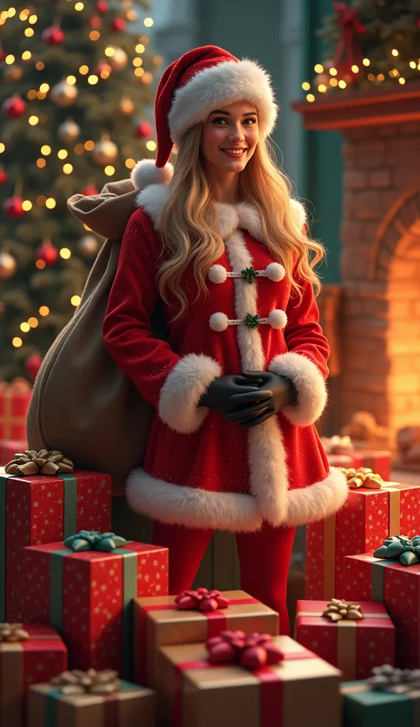 a joyful santa woman, dressed in a festive red and white santa suit, with a radiant smile. she is surrounded by an array of beau...