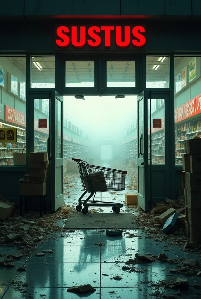 realistic image destroyed supermarket at the door clogged with market cart in the afternoon film filter