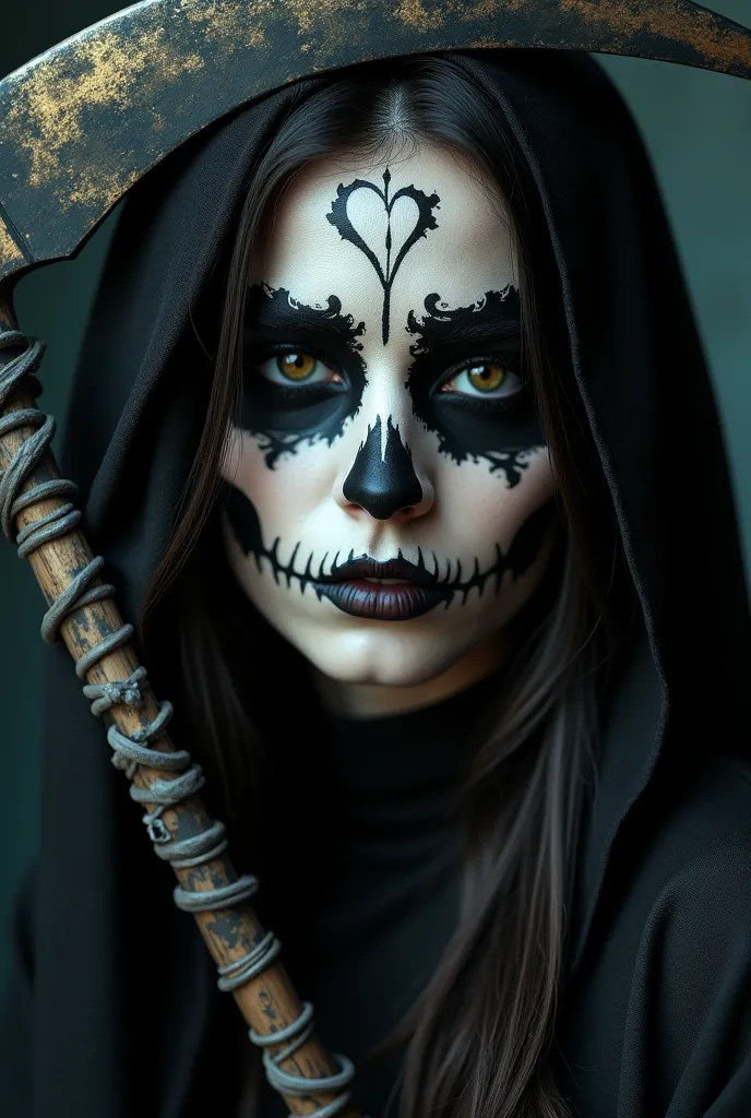 sexy grim reaper woman 3/4 view portrait with sickle behind head skull makeup close up