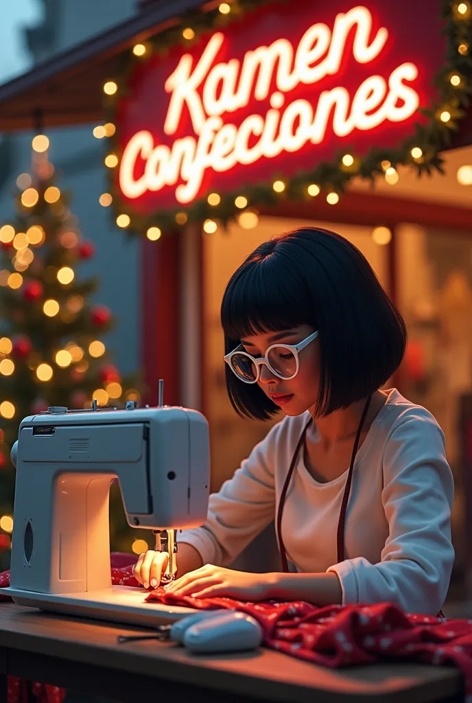 sign that says "kamen confecciones " latin white glases, hair short woman with smooth black hair with a sewing machine and chris...