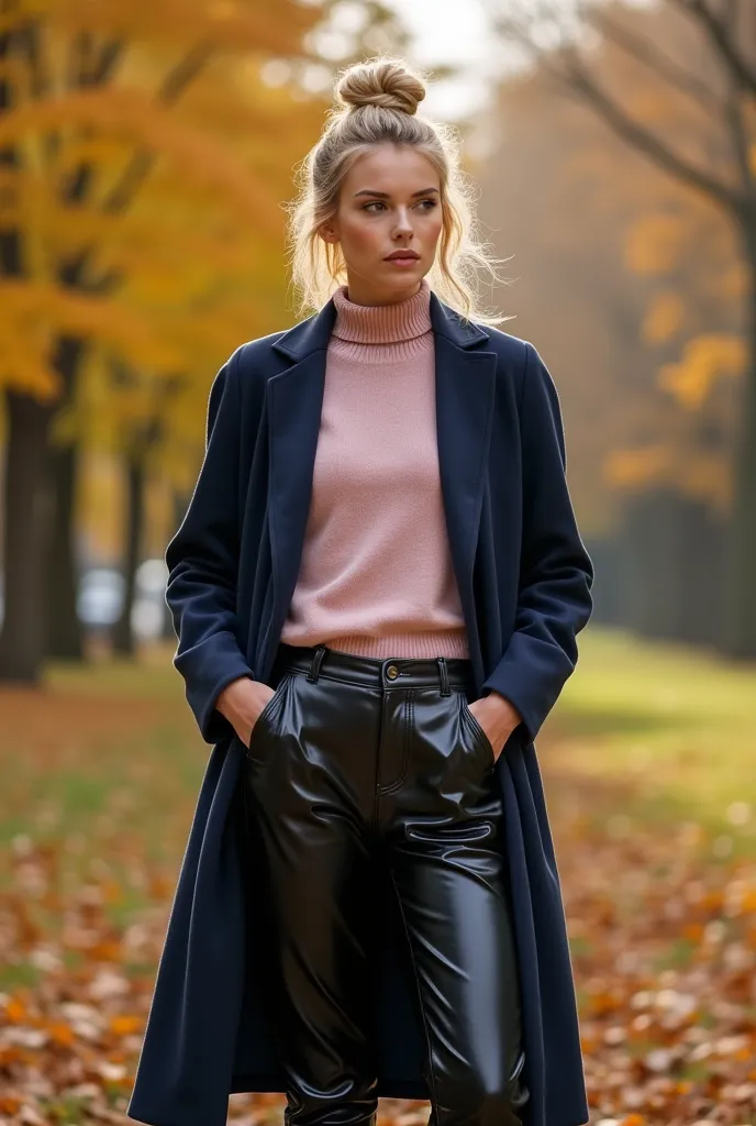 femme blonde, ses cheveux ondulés sont attachés en chignon. elle porte un pull col roulé rose clair, un pantalon en cuir noir br...