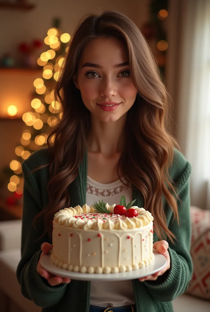 young woman with brown hair in room hold christmas cake