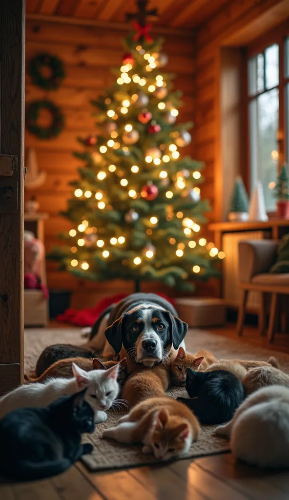 a realistic photo with twelve cats and a dog lying under a christmas tree inside a wooden house, cats of different colors ,  the...