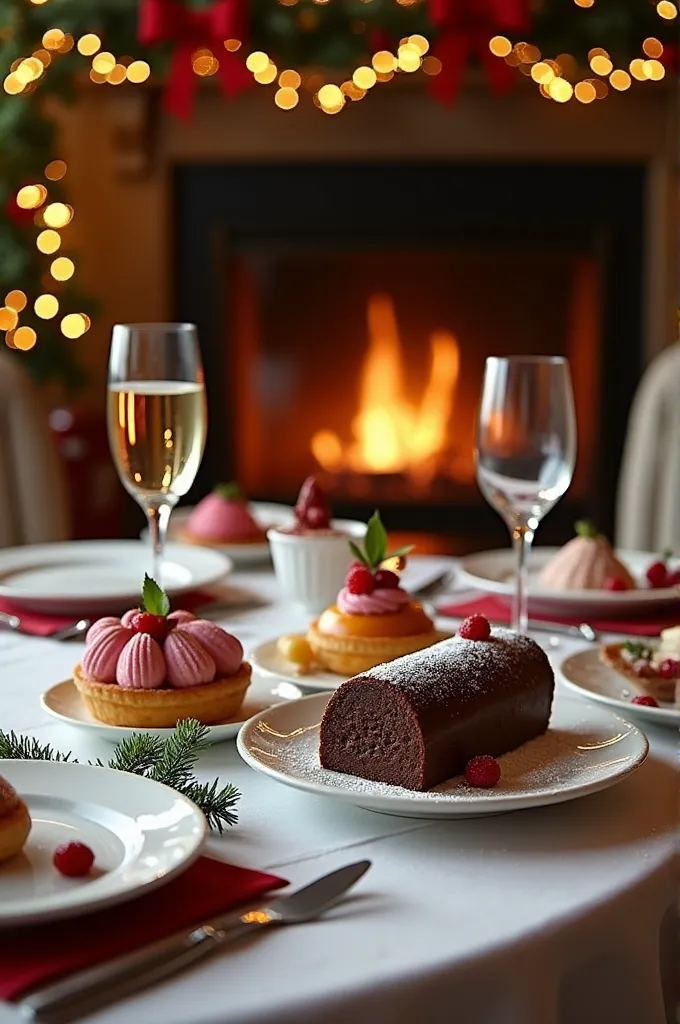 christmas dinner table with typical desserts realistic photography