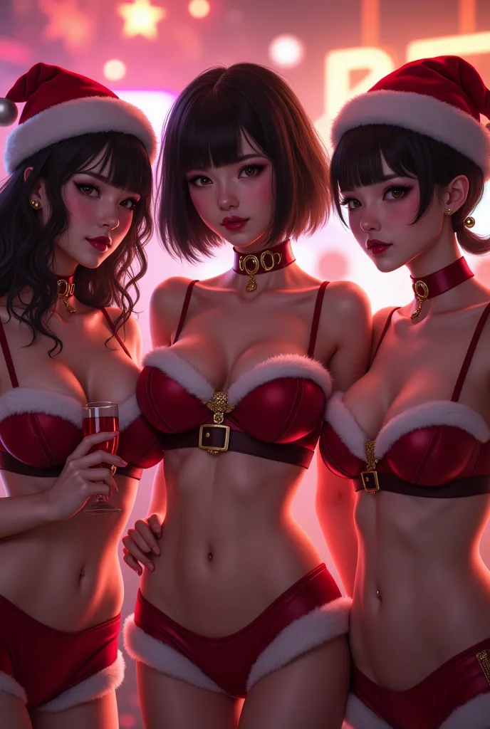 japanese woman with short hair、two-shot with friends at a nightclub 、 wearing a revealing santa cosplay、 c cup bust 、with a glas...