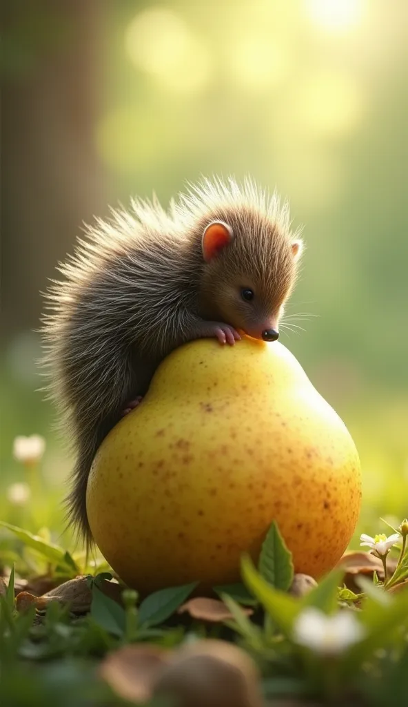 a baby porcupine on top of a pear