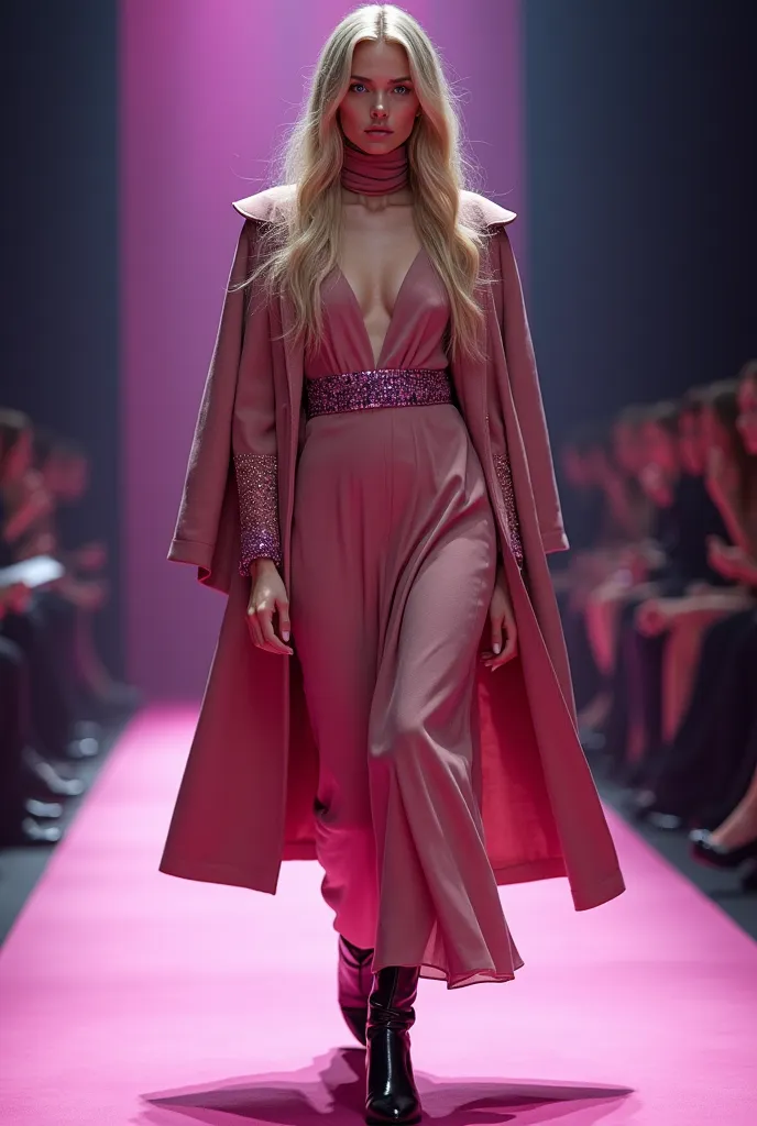 fashion show, blonde woman, very long blonde hair, dark blue eyes, with a pink  sewn suede dress to the knees, high boots, topaz...