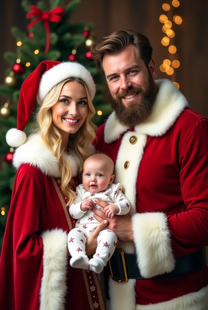 blonde girl dressed as mother claus tall and strong brown haired boy dressed as santa claus 4-month-old daughter dressed for chr...