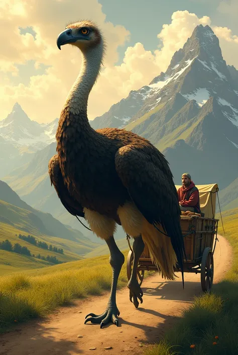 a horse-sized bird that pulls a merchant's cart. the bird is a combination of an ostrich and a falcon.