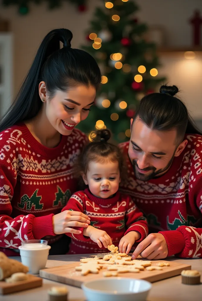 creates a hyperrealistic image , en 8k, perfect texture, a father's family , a mother and daughter , they're smiling kneading co...