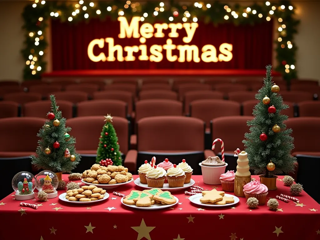 "a festive christmas sweet corner arranged on a computer table-sized surface in a university auditorium. the table is covered wi...