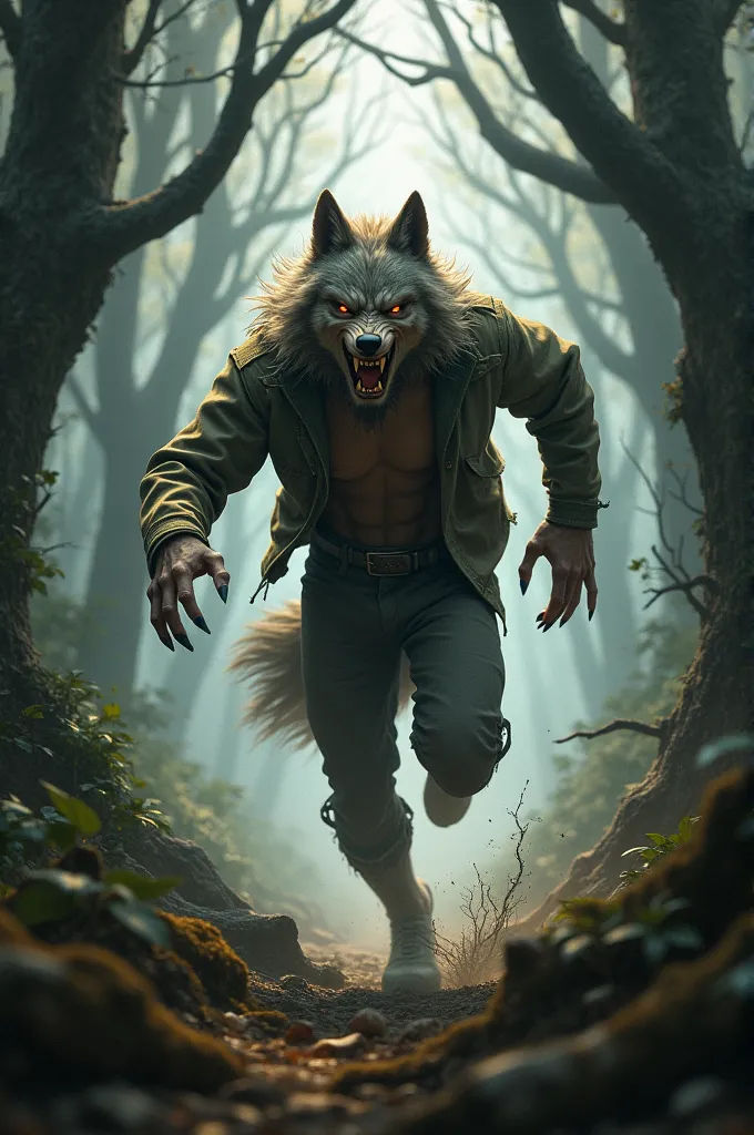 a man running through a forest turning into a wolf