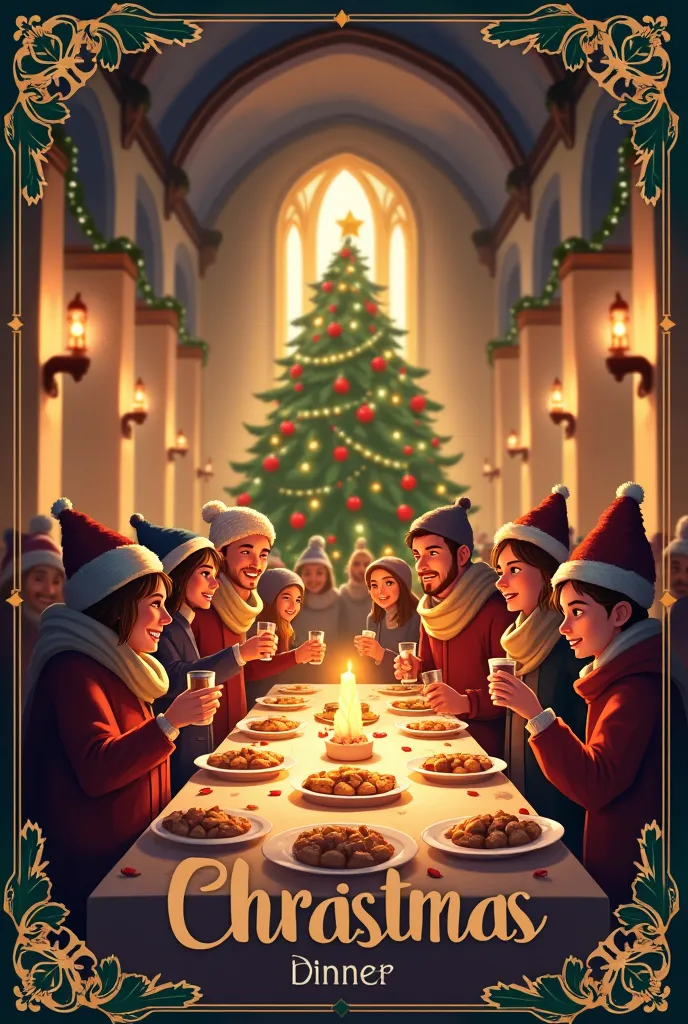 please generate me a poster for a x mas dinner including decorations  its for a charity feast by the church