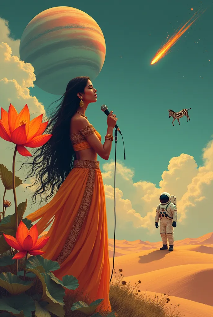 surrealism indian girl with a guitar sings in a microphone in the desert fire lotus flower planet astronaut on earth stands side...