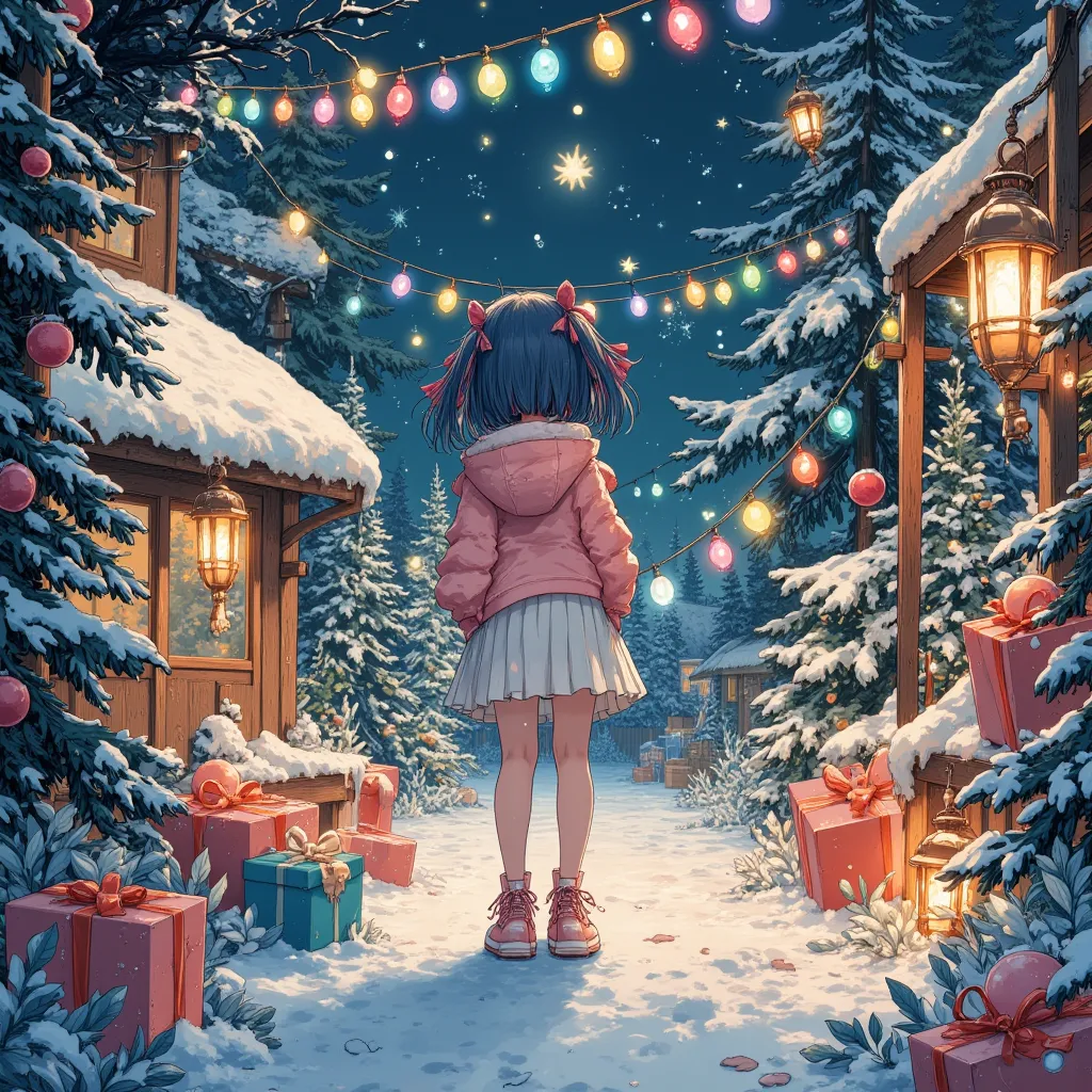 outdoor christmas lights ,
snowy garden 、 colorful christmas lights、lease、 lantern、tree々、 gift box 、warm light、night sky、star