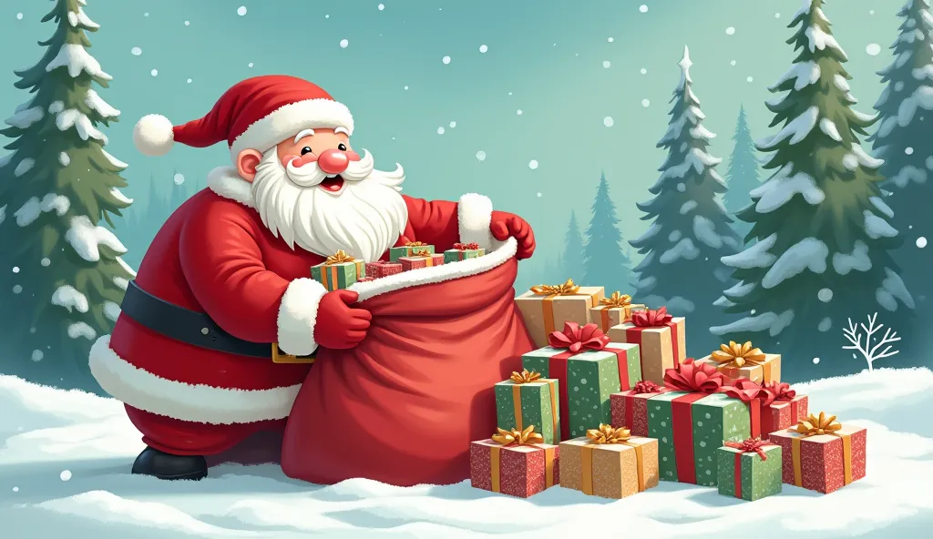 santa claus in his red suit opening a giant sack overflowing with beautifully wrapped presents in a snowy landscape." cartoon