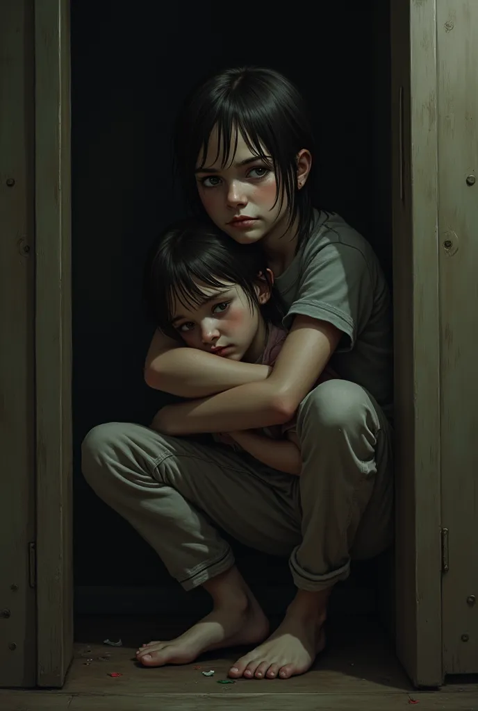 there are two s.one appears to be thirteen years and the younger appears to be s they are both hugging in a closet,they appear s...