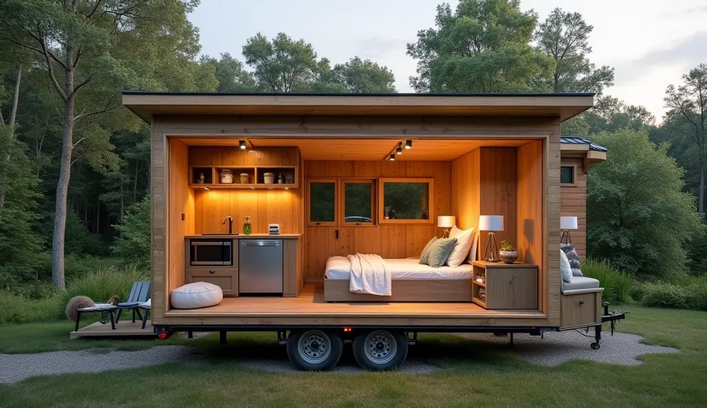 a tiny house with a fold-down bed, compact kitchenette, and innovative storage.