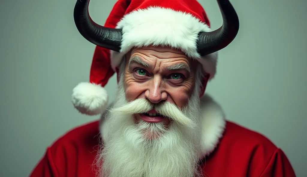 a real picture showing a trunk of a man with white upper beards, with green eyes looking like devil in white and red christmas c...