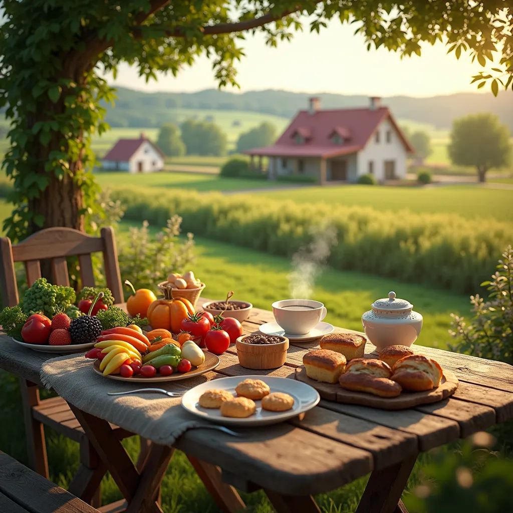 super realistic image , from a garden table, farm, breakfast