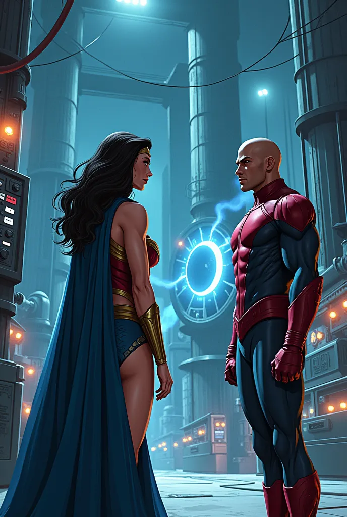 generate an animated image in which scene: the duo arrives at the city’s power station. electra (a woman superhero wonderwoman l...