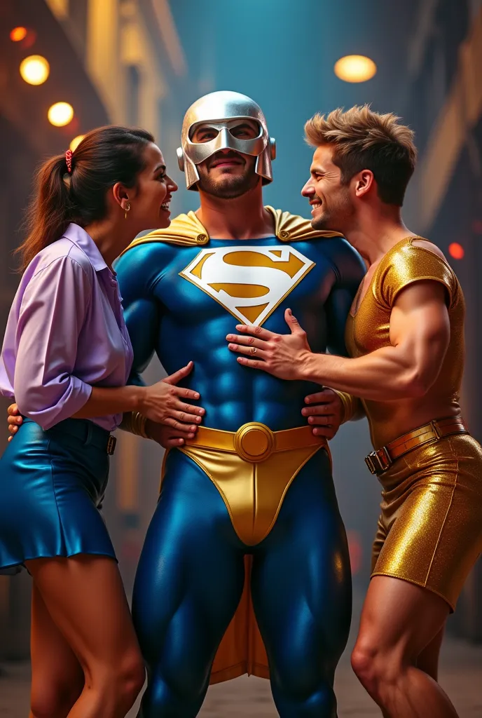 a dynamic scene captures three characters in vibrant costumes from a low angle. the central figure is a beefy superhero in a shi...