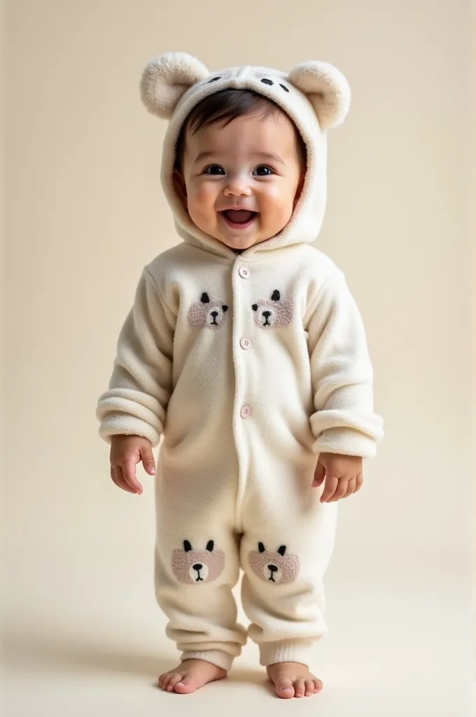 a cute baby wearing animal-themed pajamas, like a bear or rabbit , is standing,  looking directly at the camera . the baby has a...