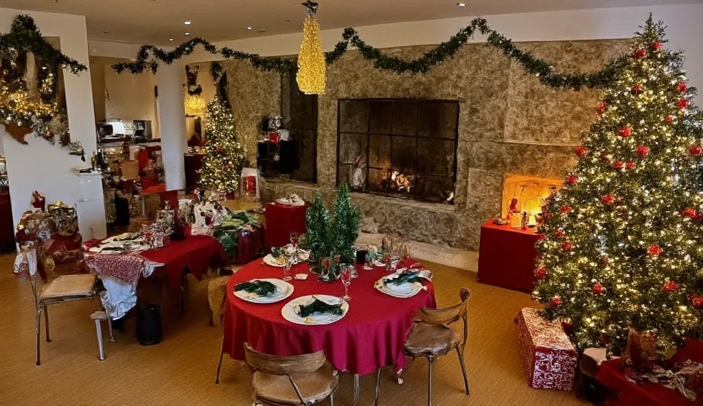 a warm and festive home interior, entirely decorated for christmas.
the living room is adorned with a large glittering christmas...