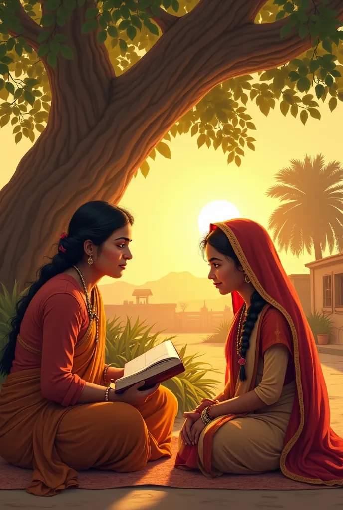 sujata madam, a confident and kind middle-aged teacher with a medium complexion and sharp eyes, sits under a large banyan tree w...