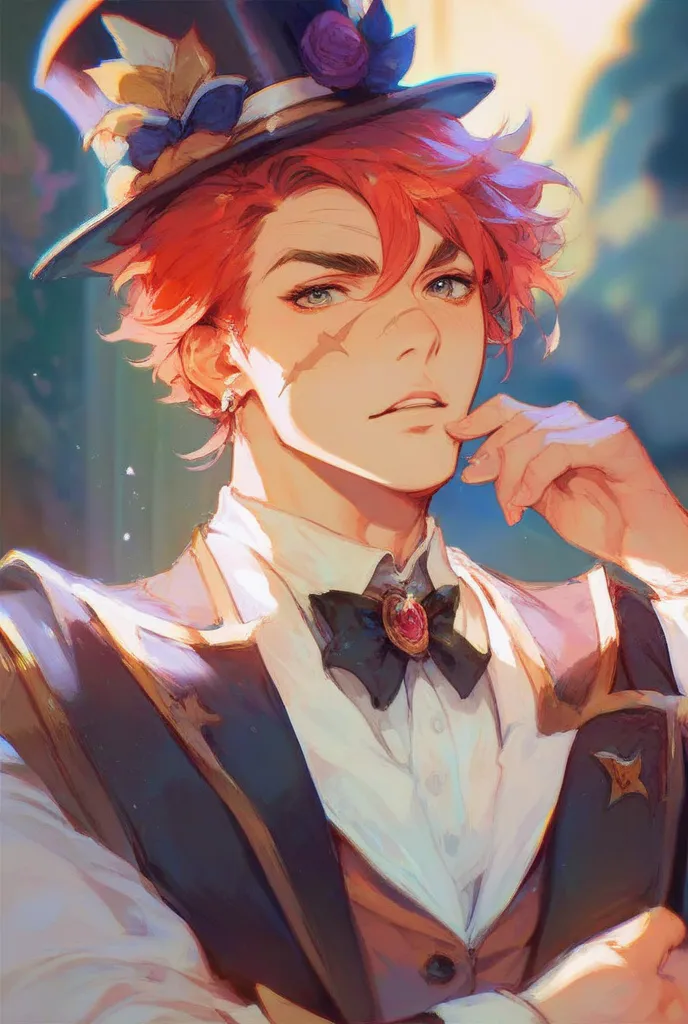 anime style,  old, with a magician's top hat, red hair and a scar on his eye