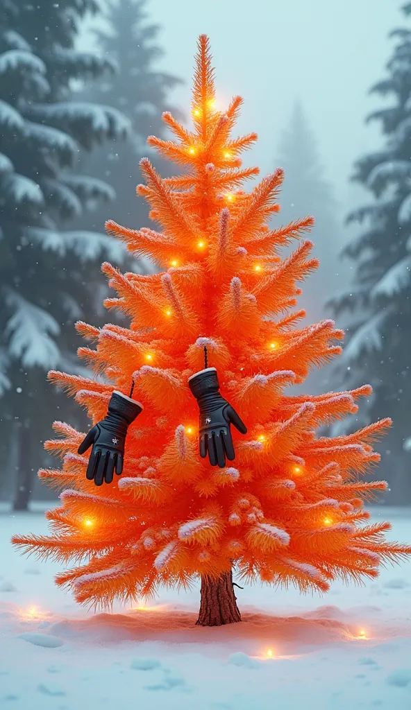 an orange christmas tree ,  in the snow with motorcycle gloves hanging