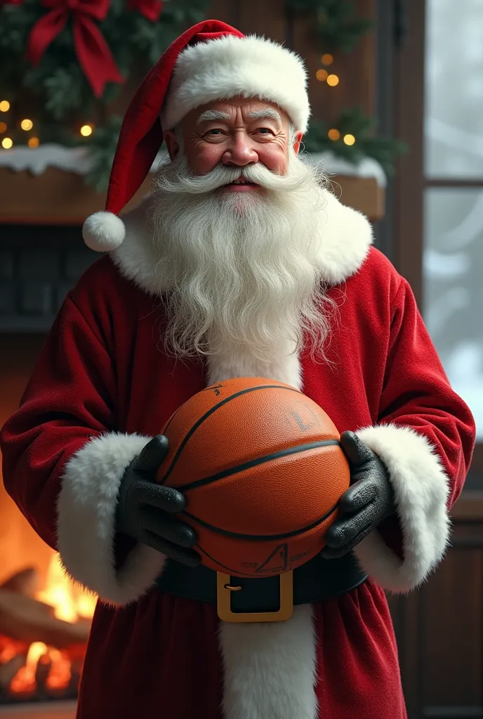 a realistic image of santa claus holding a basketball