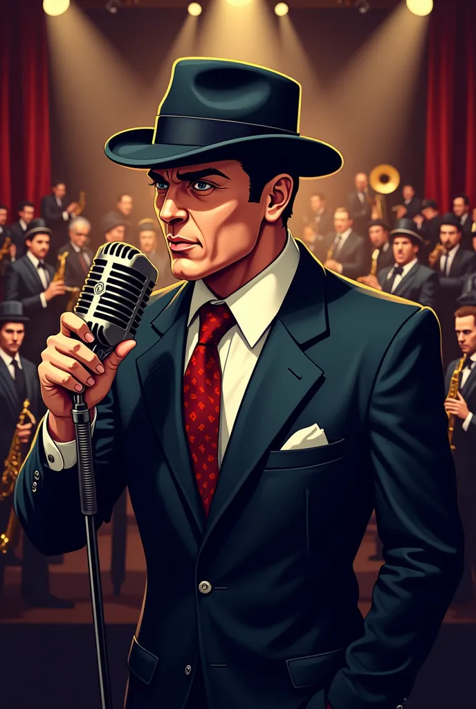 gangster logo with fedora hat,  singing with a microphone . back with an orchestra