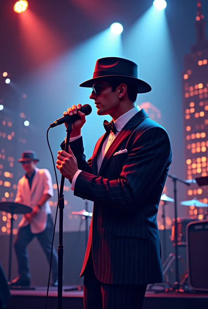 gangster logo with fedora hat,  singing with a microphone . at a concert in new york