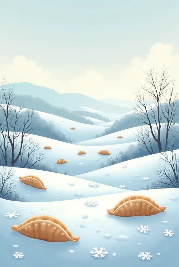 winter landscape，snow， cool tones，add gyoza elements，illustration，leisure and tranquility，artwork，there is a snowflake element， ...