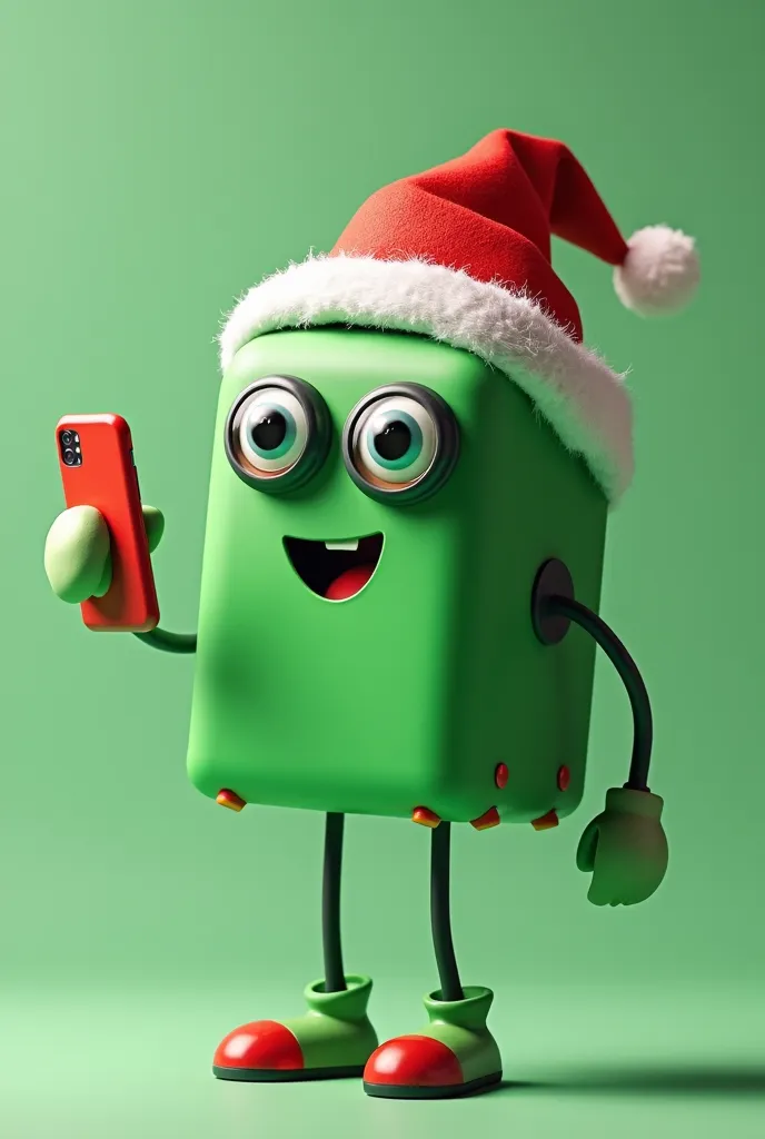 a green box with legs and a christmas hat with lenses and a mobile phone in your hand