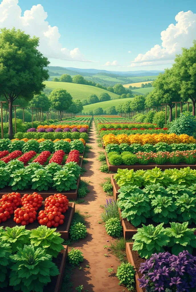 draw the perspective of an entire beautiful vegetable garden. in which plots ,  of beds are divided to grow each vegetable