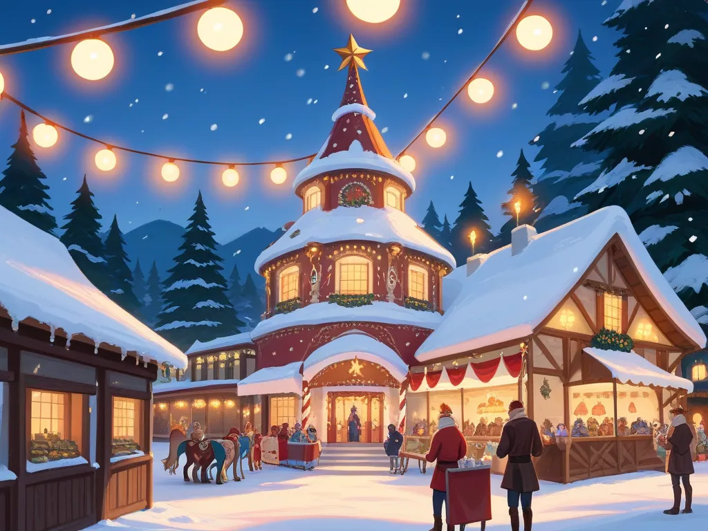 ( bright color,  dynamic composition , festival details ) | a bustling  christmas markets on christmas eve, set in a historic  e...