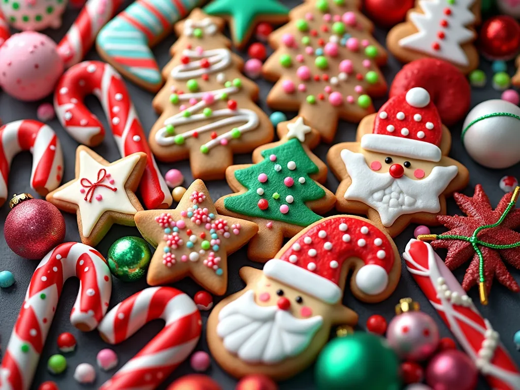 collage decorated christmas cookies ,  candy canes colorful christmas ornaments,  bright colors