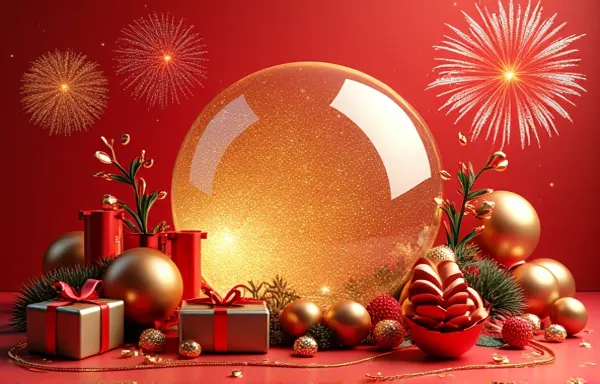 red new year background with fireworks, gifts, balloons, red, black, white, gold on the edge and in the middle, with a golden bu...