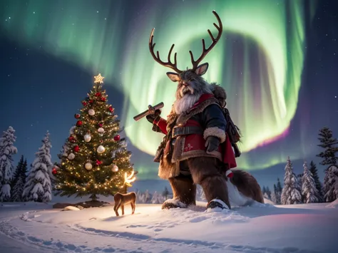 a snowy nighttime fantasy scene featuring three unique warriors standing atop a hill. above them, the aurora borealis lights up ...