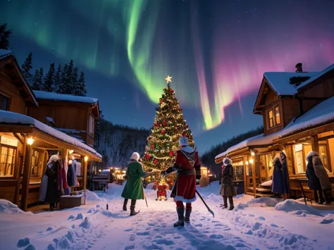 a snowy nighttime fantasy scene featuring three unique warriors standing atop a hill. above them, the aurora borealis lights up ...