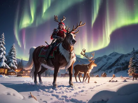 a snowy nighttime fantasy scene featuring three unique warriors standing atop a hill. above them, the aurora borealis lights up ...