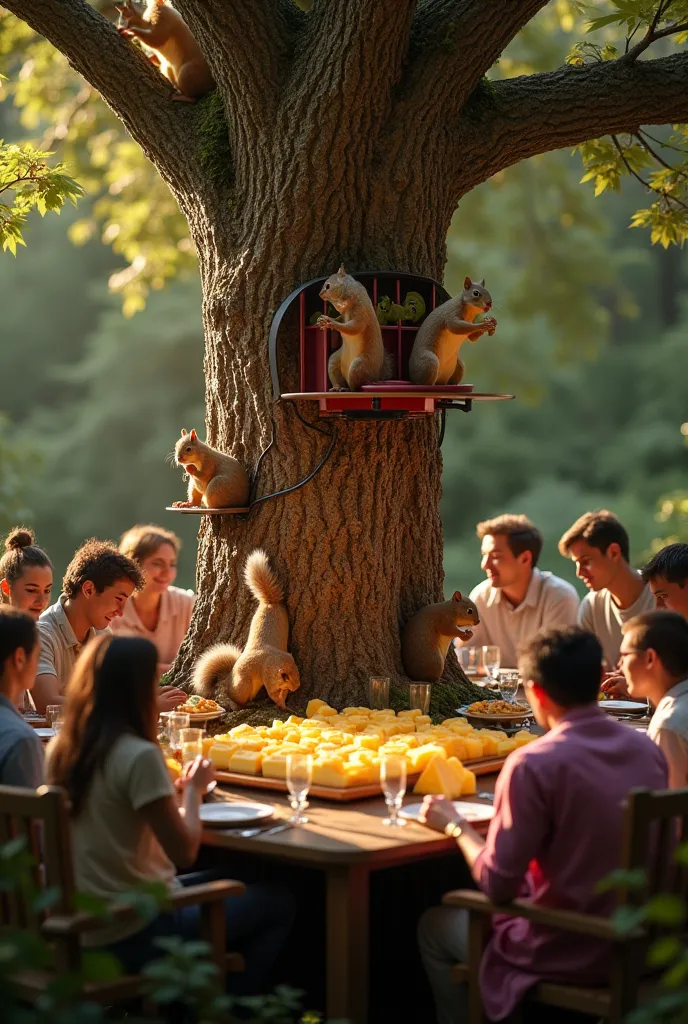 trente personnes attablées autour de six appareils à raclette. les appareils sont branchés à un arbre. sur l'arbre des écureuils...