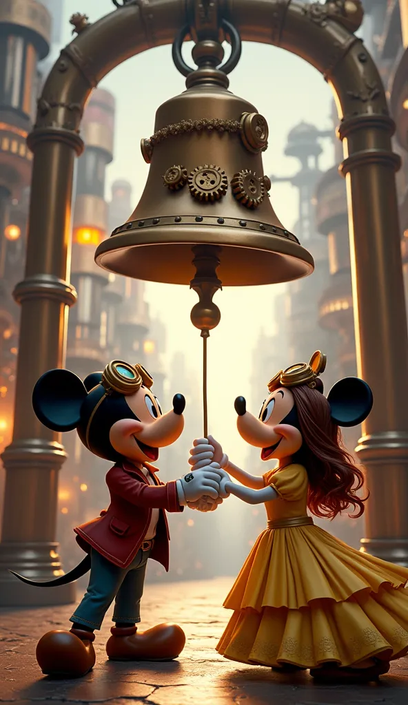 a steampunk-inspired artwork of disney characters, including mickey mouse, goofy, and belle, pulling a rope to ring an intricate...