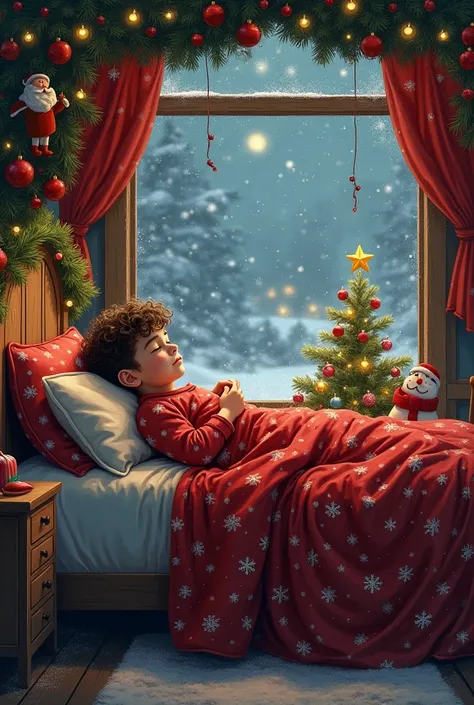 Realistically draw a 15-year-old boy in Christmas pajamas and a papalina who sleeps peacefully in a four-poster bed in a room de...