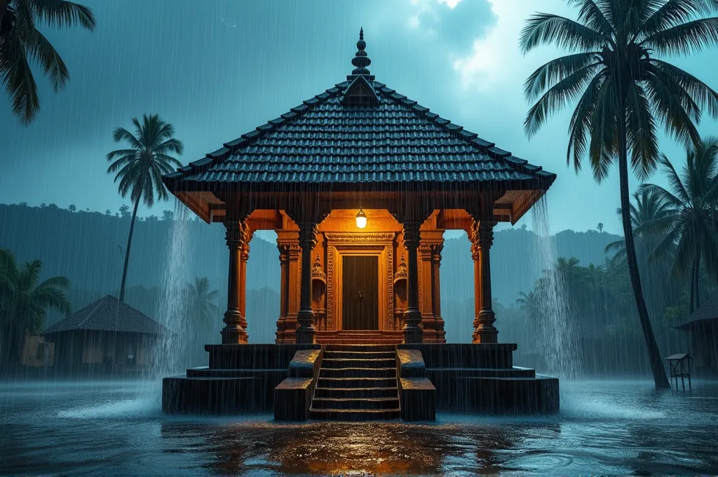 a traditional hindu temple with intricately carved wooden pillars and a sloping tiled roof, drenched in a relentless downpour. r...