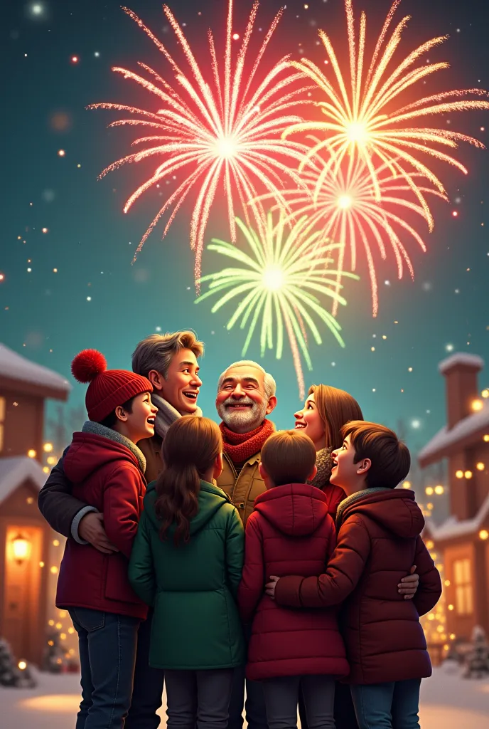 a family celebrating christmas with fireworks