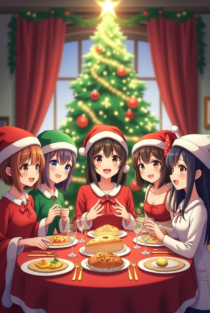 group of waifus celebrating christmas and are having dinner while they are with their christmas lights on the christmas tree